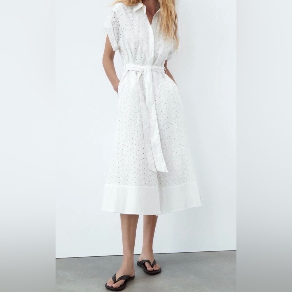 ZARA EMBROIDERED Eyelet MIDI Shirt DRESS BELTED WHITE SZ S 100% Cotton 7761/052 - Picture 4 of 12